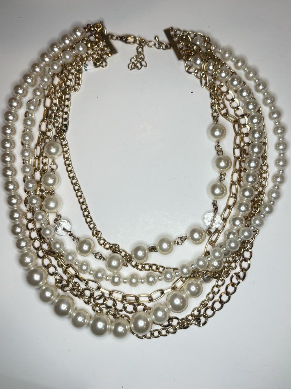 Multi Strand Faux Pearl Necklace w Gold Tone Chains Layering Statement 21.5” - Picture 3 of 3